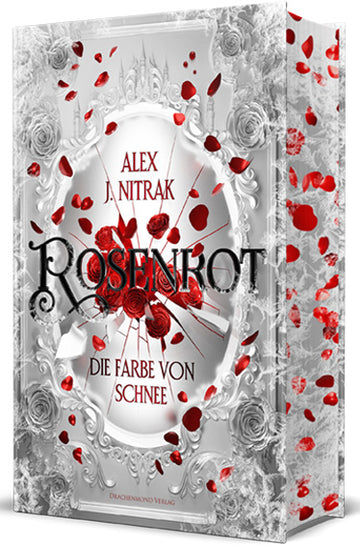 Das Cover zeigt einen gesprungenen runden weiß-grauen Spiegel, der mit zahlreichen Ornamenten verziert ist. Aus der Mitte quellen rote Rosen und Rosenblätter hervor, die sich über das Cover und über den grau-weißen Buchschnitt verteilen. Davor steht in großen schwarzen Buchstaben der Titel. Ein mit Blumen verzierter silber-grauer Rahmen umrandet die Szenerie.